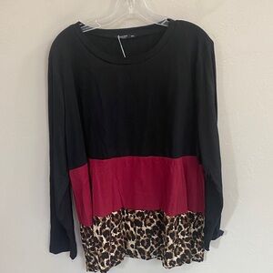 Black and Red Colorblock Leopard Print Women's Top
